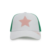 Vintage Havana Trucker Hat for Women – Green Mesh & Off-White Canvas Adjustable Cap With Pink Star